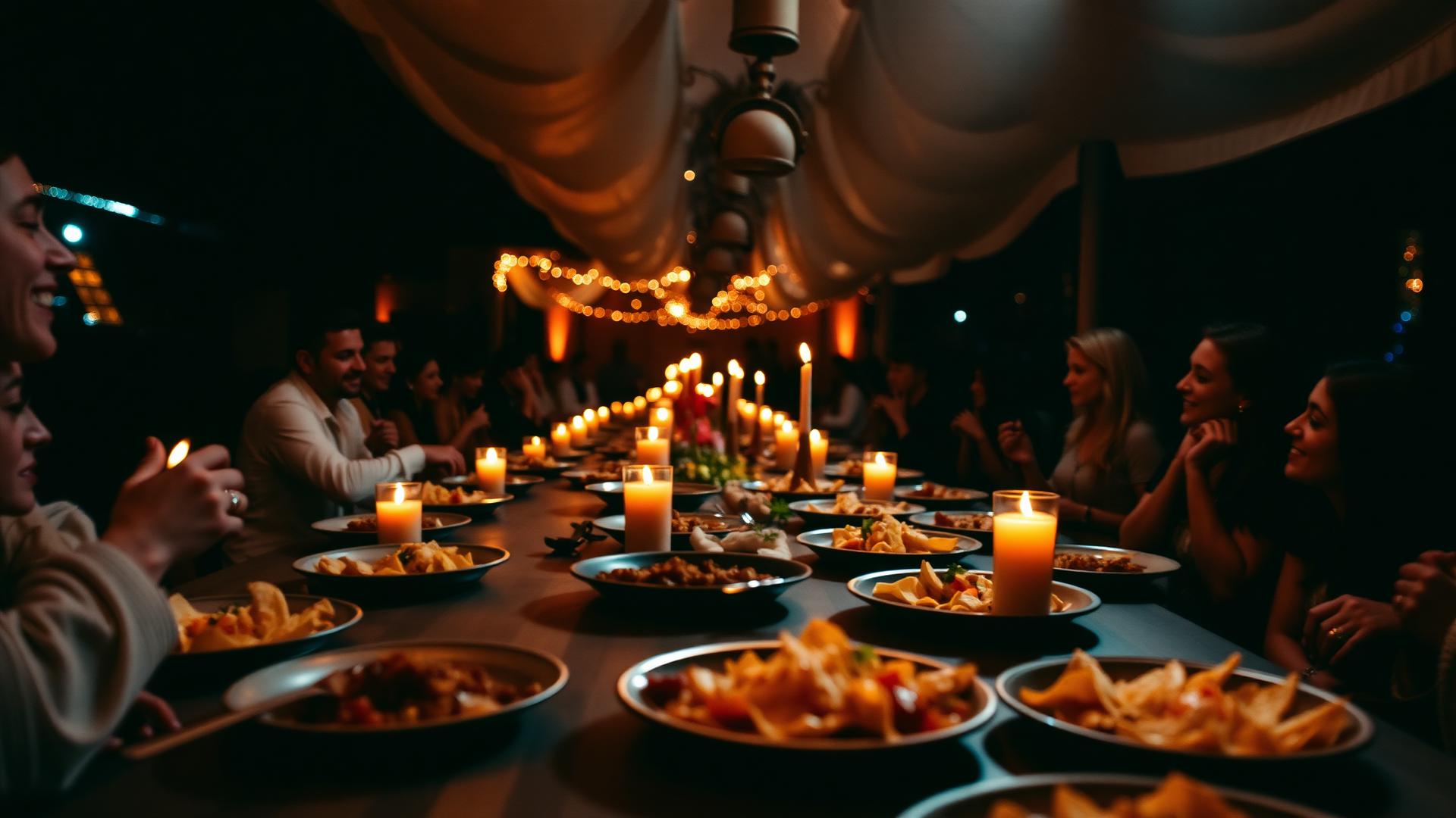 Mesa larga llena de platillos y velas en una celebración