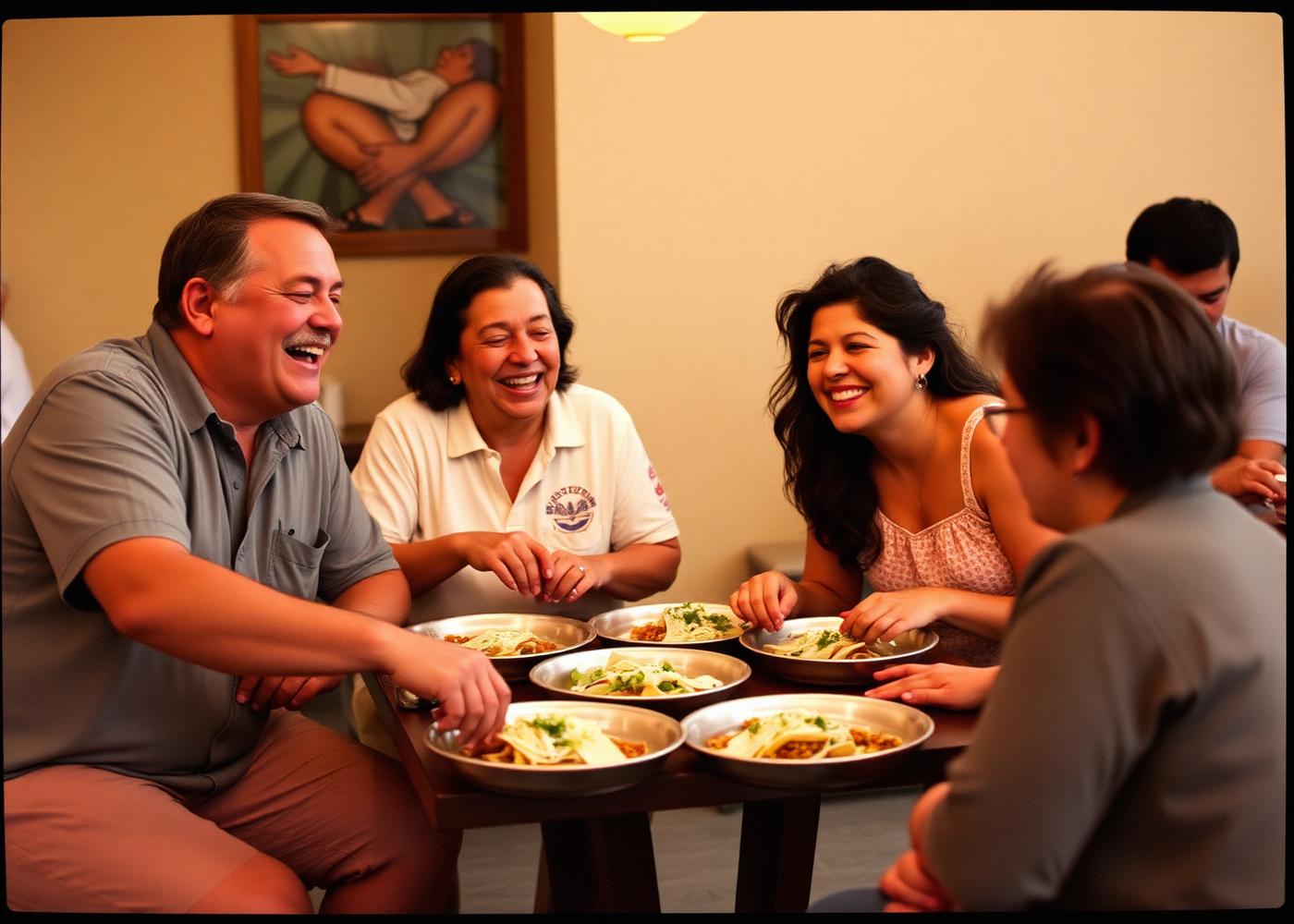 Familia compartiendo tacos y risas en una celebración