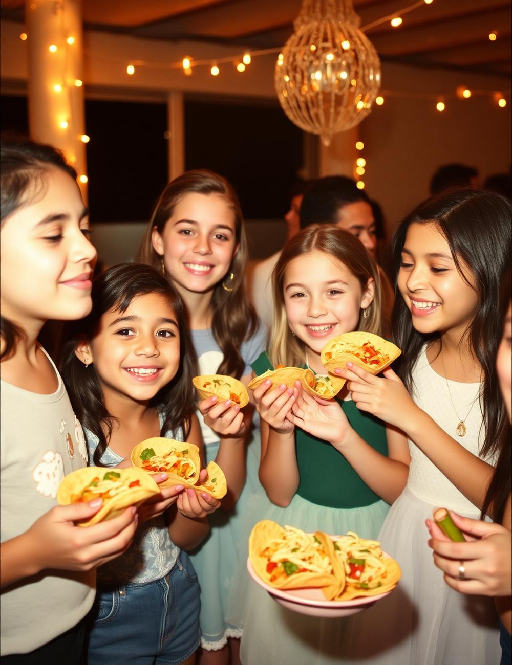 Invitadas disfrutando tacos en una fiesta
